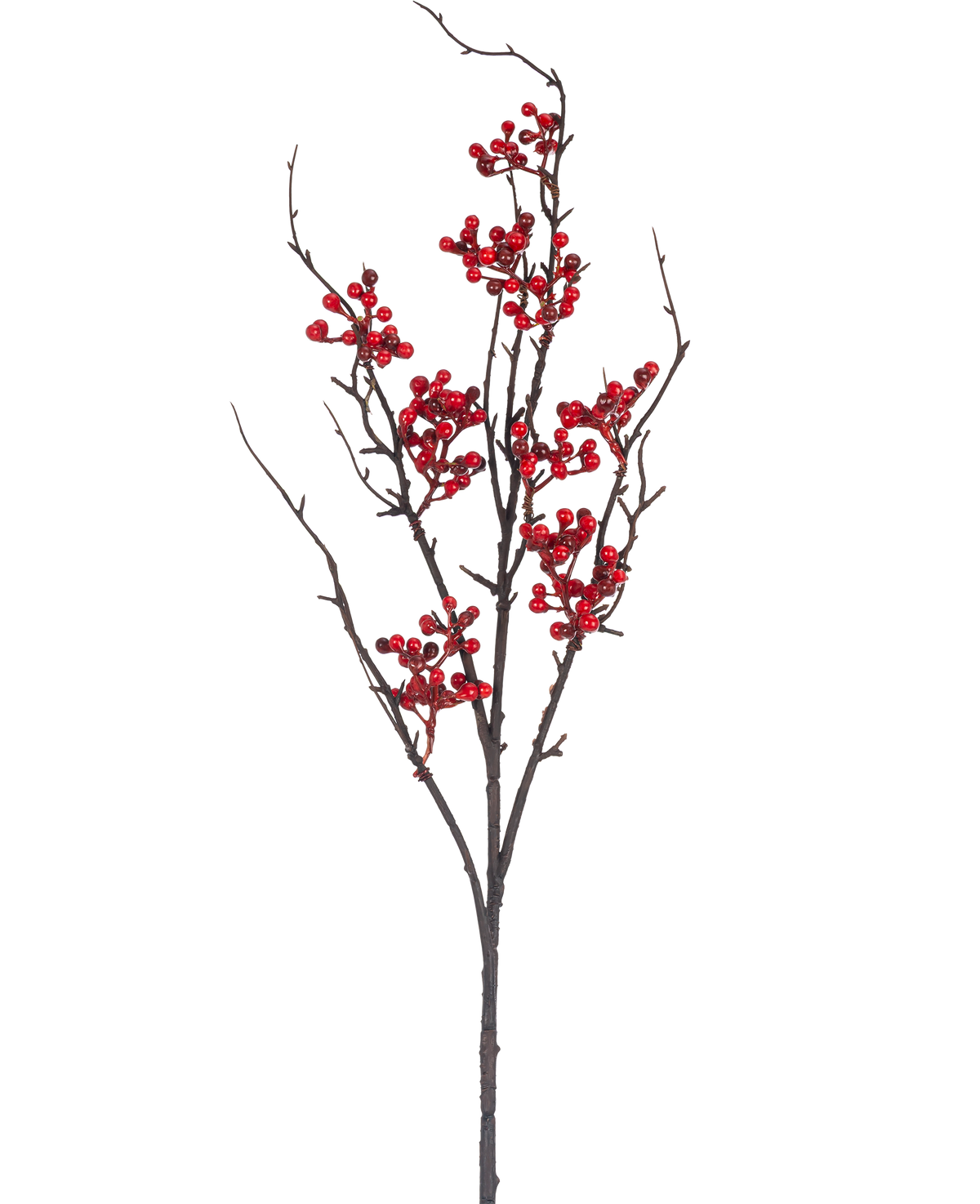 La Branche Artificielle Berry 93 cm rouge possède une branche nue brune avec de multiples ramifications et des grappes de baies rouge vif sur un fond blanc uni.