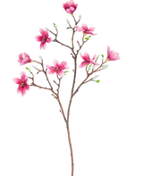 La Branche Artificielle Magnolia à petites fleurs 89 cm rose possède une branche avec plusieurs fleurs de magnolia roses épanouies et des feuilles vertes, parfaite pour un usage décoratif.