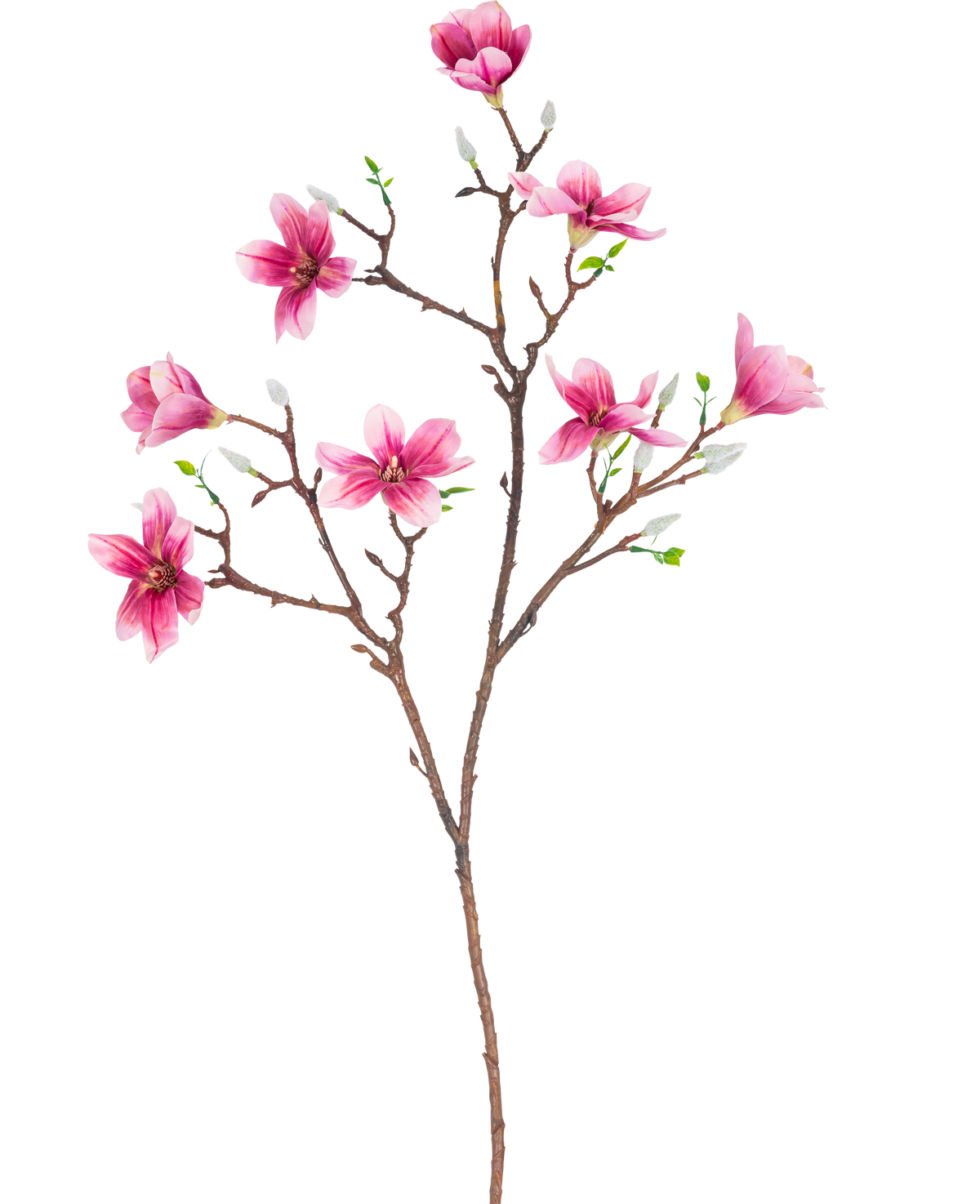 La Branche Artificielle Magnolia à petites fleurs 89 cm rose possède une branche avec plusieurs fleurs de magnolia roses épanouies et des feuilles vertes, parfaite pour un usage décoratif.
