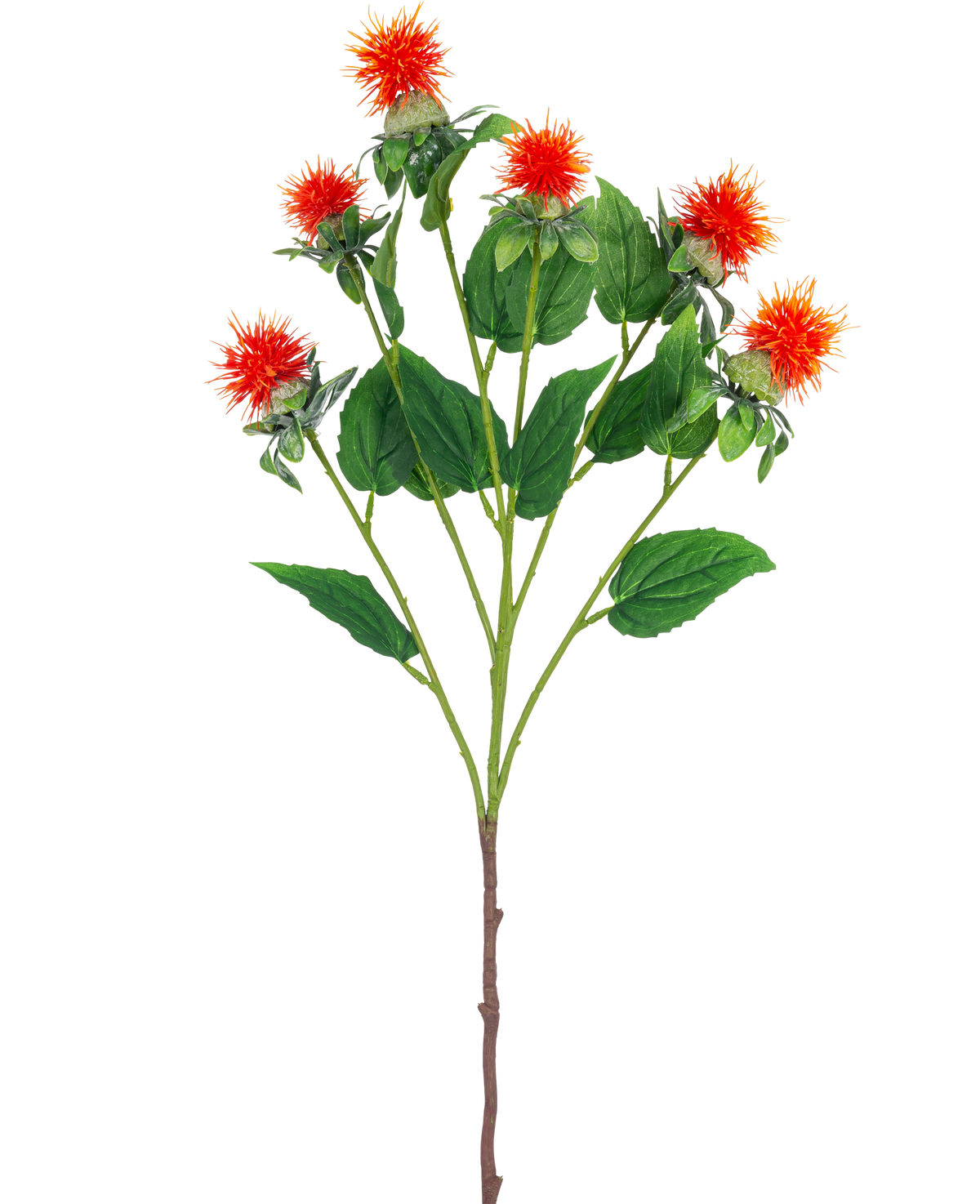 La Fleur Artificielle Carthame 79 cm orange a une seule tige avec plusieurs branches, chacune avec de vaporeuses fleurs rouge orangé et jaune avec des feuilles vertes, sur un fond blanc.