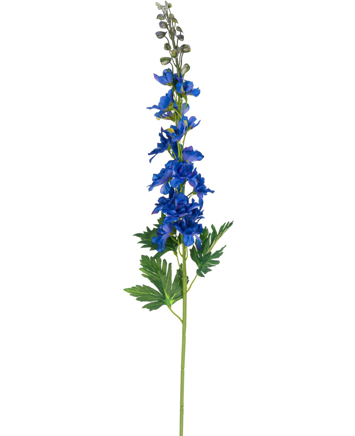 Une seule tige Fleur artificielle Delphinium 79 cm bleue avec des fleurs bleues et des feuilles vertes divisées, sur un fond blanc uni.
