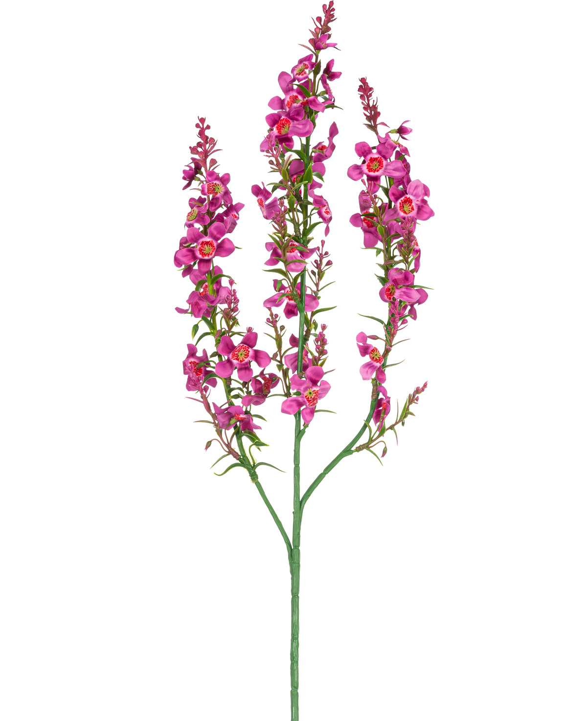 Une herbe à chat artificielle de 75 cm rose clair a une seule tige verte avec trois branches, chacune avec des grappes de petites fleurs rose clair et des feuilles vertes, sur un fond blanc uni.