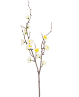 La Branche Artificielle Prunus 78 cm blanc possède une seule branche marron aux multiples ramifications, ornée de petites fleurs blanches et jaunes, sur un fond uni blanc.