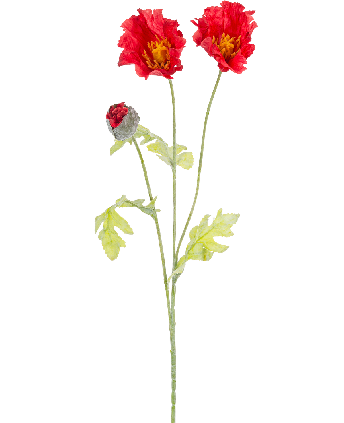 La Fleur Artificielle Coquelicot 73 cm rouge a une seule tige verte avec deux fleurs de coquelicot rouge ouvertes, un bourgeon rouge partiellement fermé et des feuilles vert clair, le tout sur un fond blanc uni.