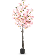 Plante artificielle Bougainvillier 180 cm rose avec plusieurs branches pleines de petites fleurs roses et feuilles vertes dans un simple pot noir, sur fond blanc.
