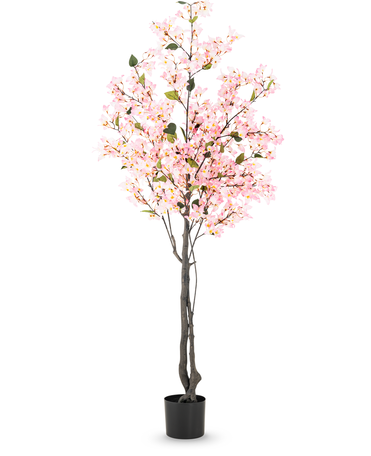 Plante artificielle Bougainvillier 180 cm rose avec plusieurs branches pleines de petites fleurs roses et feuilles vertes dans un simple pot noir, sur fond blanc.