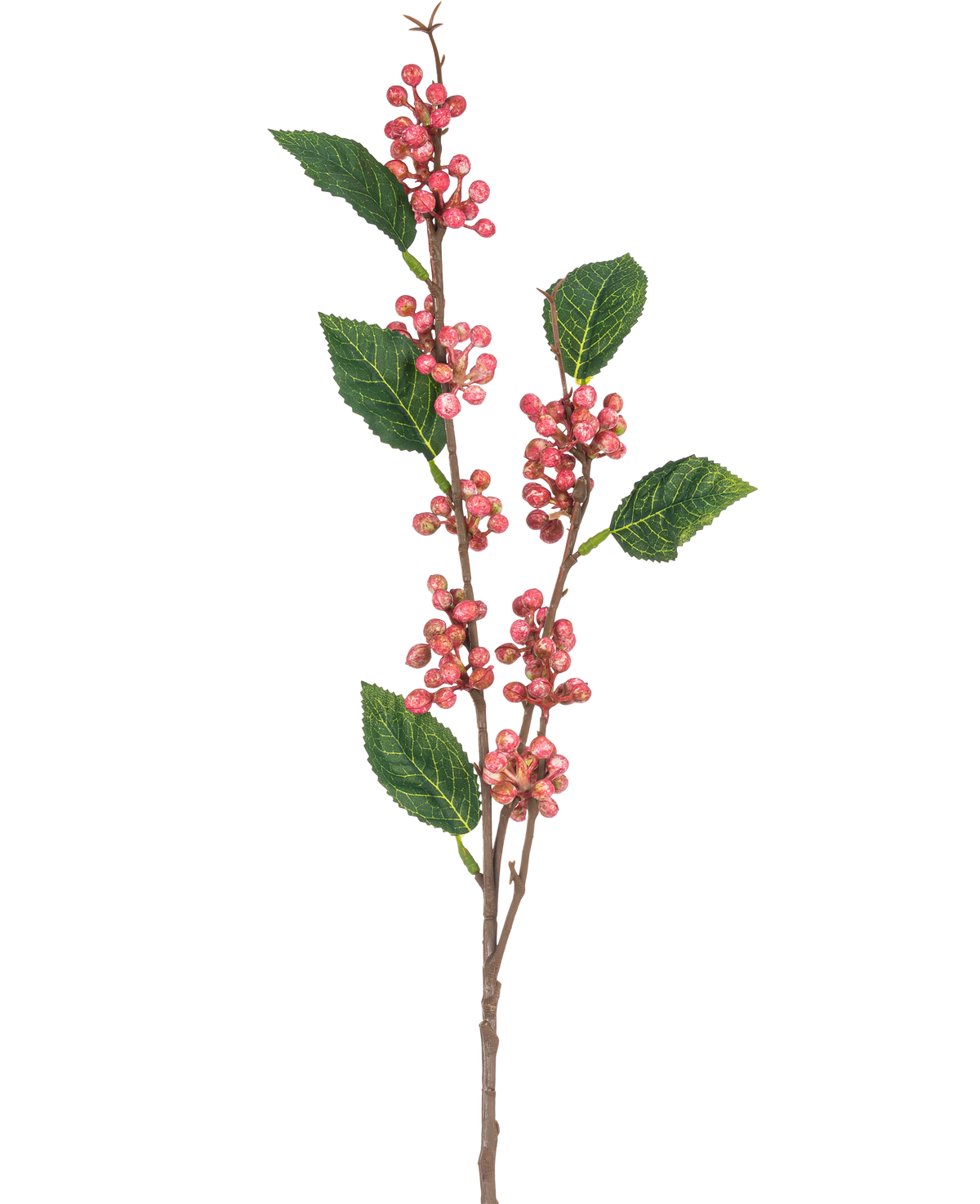 La Branche Artificielle Baies 64 cm rose présente de multiples grappes de petites baies roses rondes aux feuilles vertes dentelées sur de fines tiges brunes, le tout isolé sur un fond blanc.