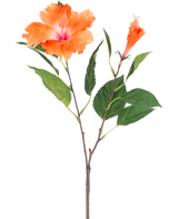 La Fleur Artificielle Hibiscus 64 cm orange a une seule tige avec des feuilles vertes et deux fleurs orange, une entièrement épanouie et une en forme de bouton, sur un fond blanc.