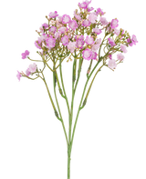 La Branche de Gypsophile Artificielle 46 cm rose présente de délicates fleurs de gypsophile roses avec de petits pétales ronds sur de fines tiges vertes, sur un fond blanc.