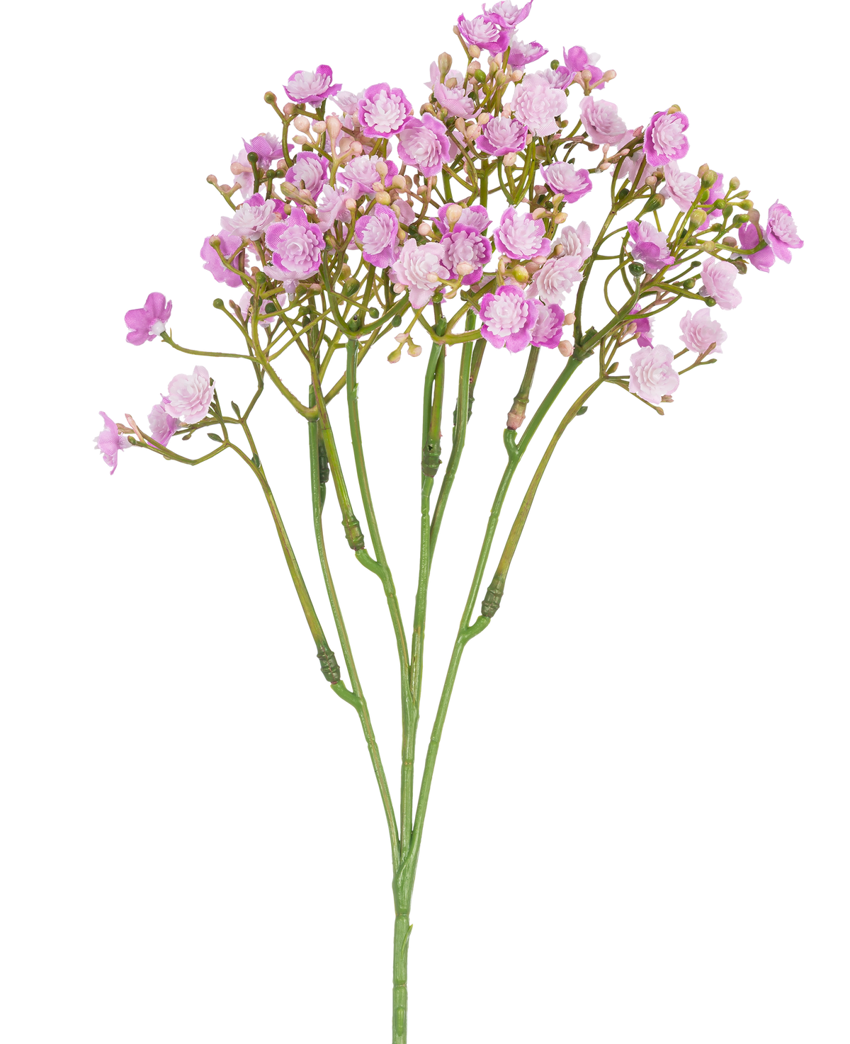La Branche de Gypsophile Artificielle 46 cm rose présente de délicates fleurs de gypsophile roses avec de petits pétales ronds sur de fines tiges vertes, sur un fond blanc.