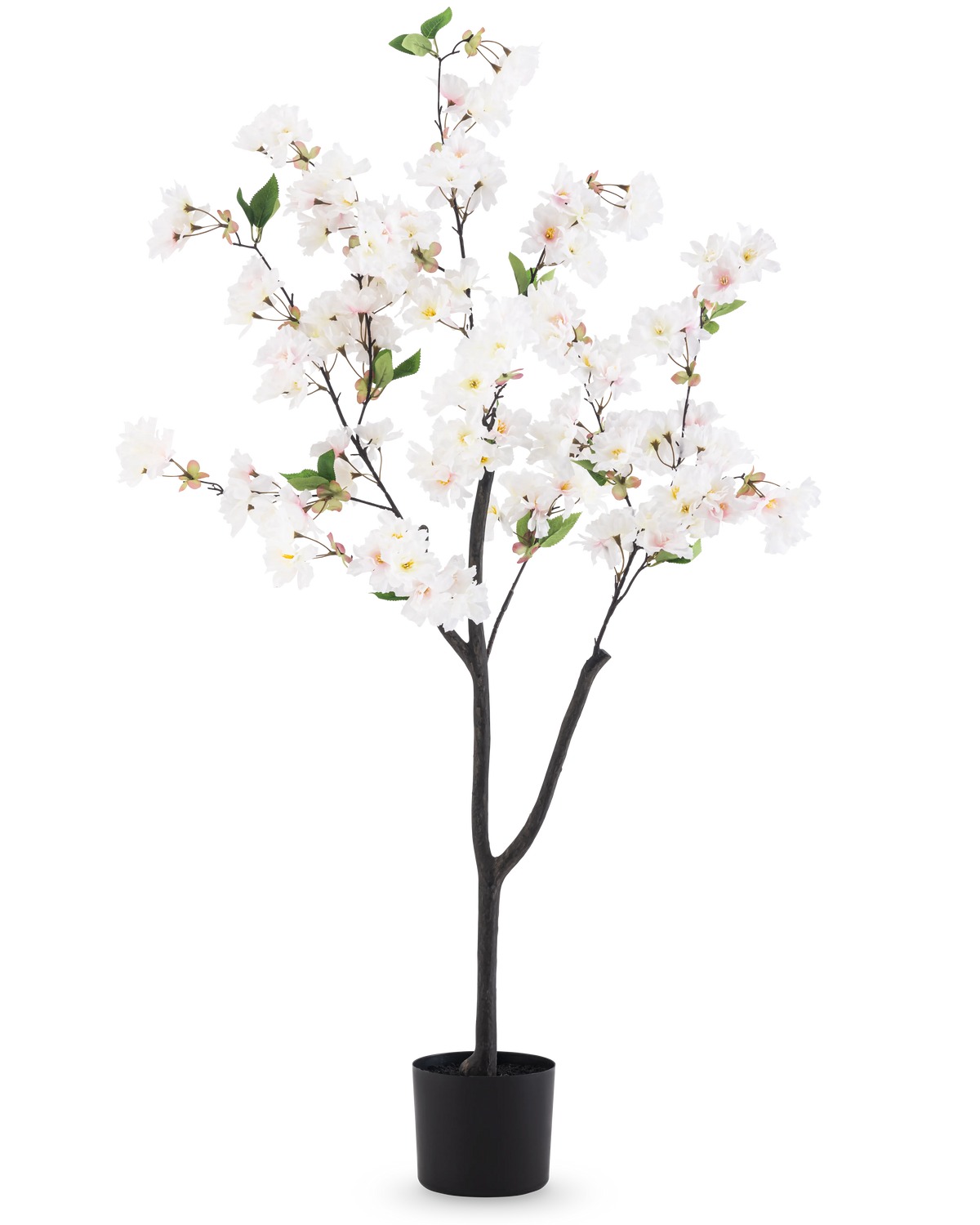 La Fleur de Cerisier Artificielle 120 cm blanc est un arbre artificiel en pot avec des branches marron foncé, des feuilles vertes et des bouquets de fleurs blanches sur un fond blanc uni.