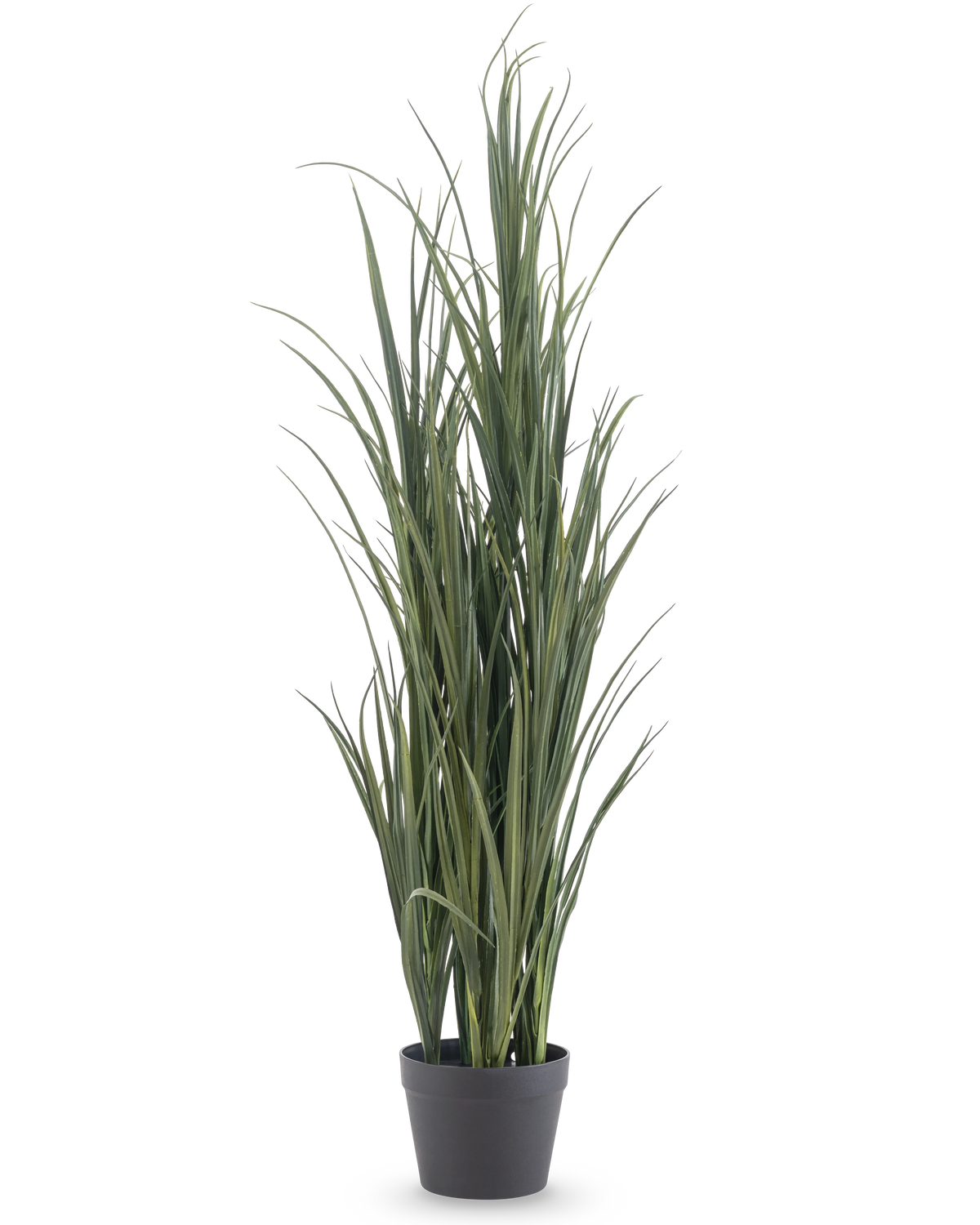 Le gazon artificiel vert UV 120 cm est un gazon artificiel haut avec de longues feuilles vertes fines dans un simple pot noir, sur un fond blanc uni.