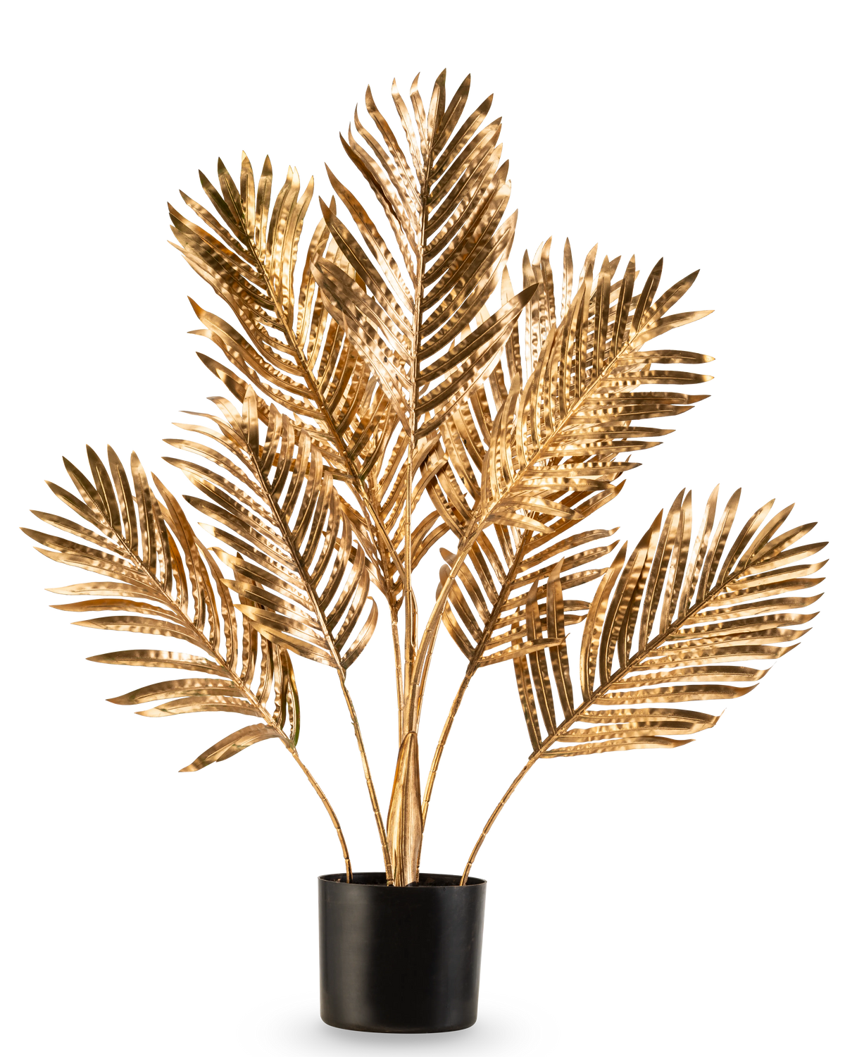 Le palmier artificiel Areca gold 80 cm est une plante décorative en pot avec des feuilles de palmier dorées métallisées dans un pot noir, sur un fond blanc uni.