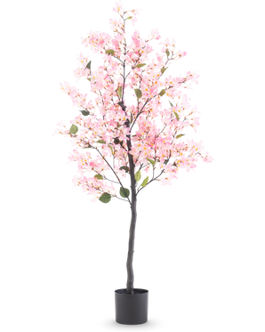 Plante artificielle Bougainvillier 150 cm rose avec fleurs roses et feuilles vertes dans un pot noir, isolée sur fond blanc.