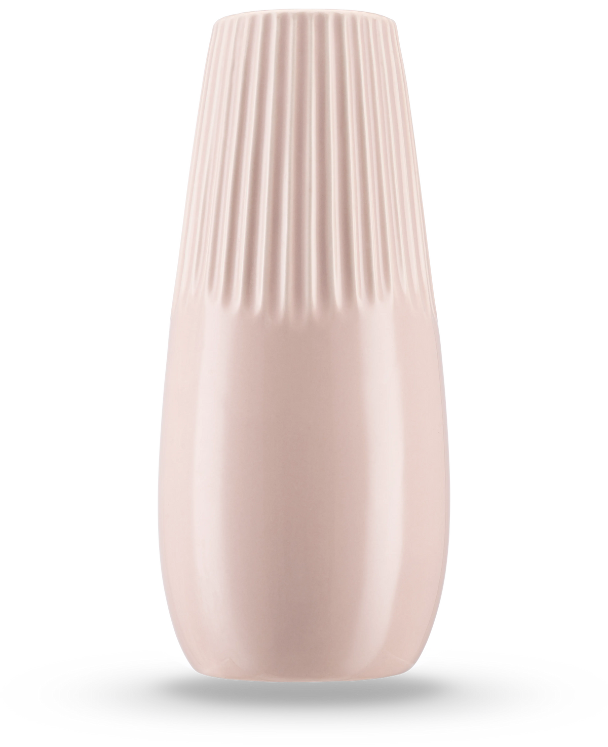 De Vaas Dew 25 cm roze is een vaas van lichtroze keramiek met een glanzende afwerking, verticale ribbels op de bovenste helft en een gladde onderkant - perfect om zijden bloemen in te zetten.