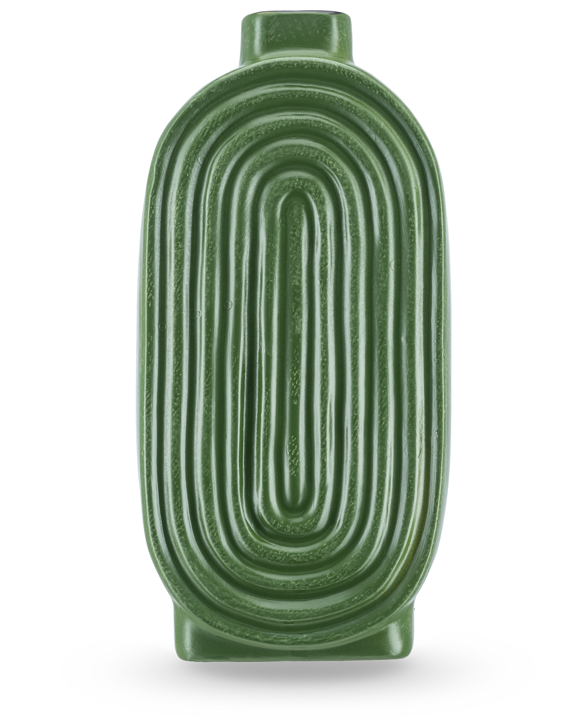 Le Vase Breaths 24 cm vert a une forme ovale nervurée et une petite ouverture en haut, idéal comme vase en céramique pour fleurs artificielles. Se tient debout sur un fond clair.