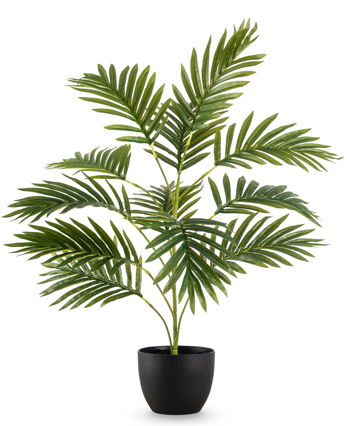 Le palmier artificiel Phoenix 65 cm, aux feuilles vertes luxuriantes, se dresse dans un élégant pot décoratif noir sur un fond blanc uni.