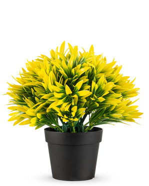 La Plante artificielle Soleil jaune en pot UV 22 cm a un pot de fleur noir avec une plante artificielle dense aux feuilles pointues jaunes et vertes, parfaite pour égayer n'importe quelle pièce.