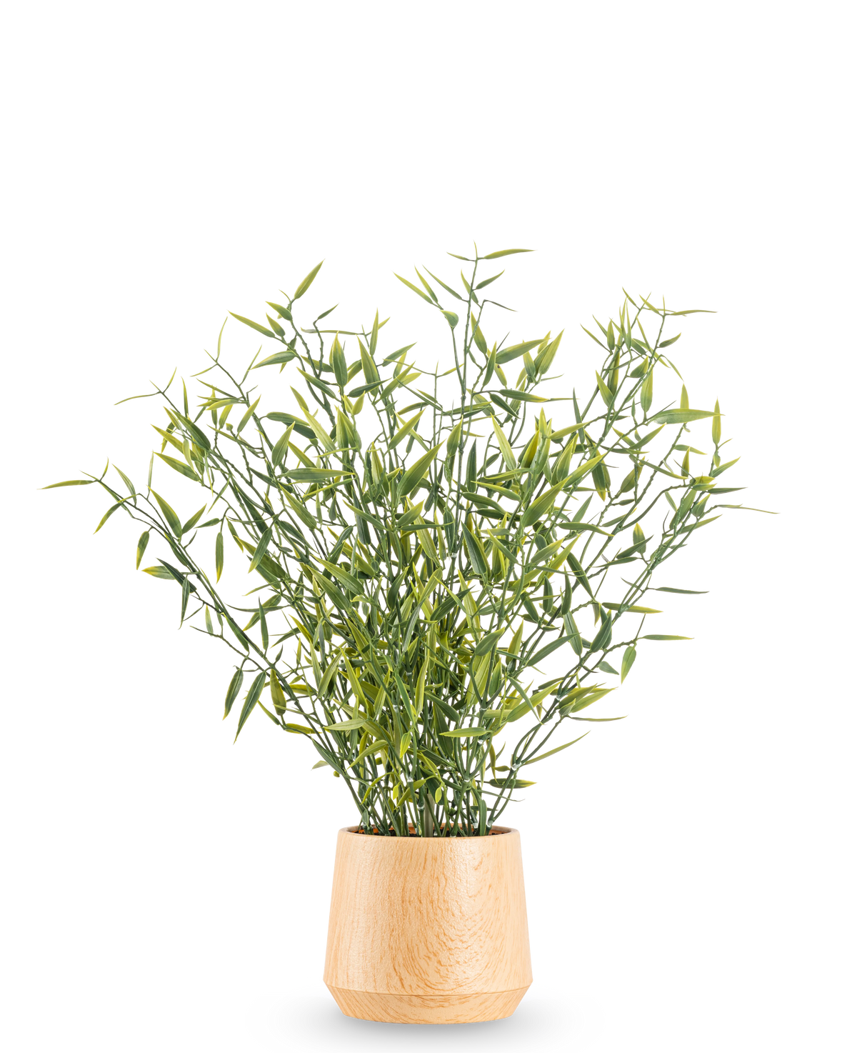 La Plante Artificielle Bambou 43 cm présente des feuilles de bambou aux feuilles vertes et des tiges fines dans un pot en bois clair, sur un fond blanc uni.