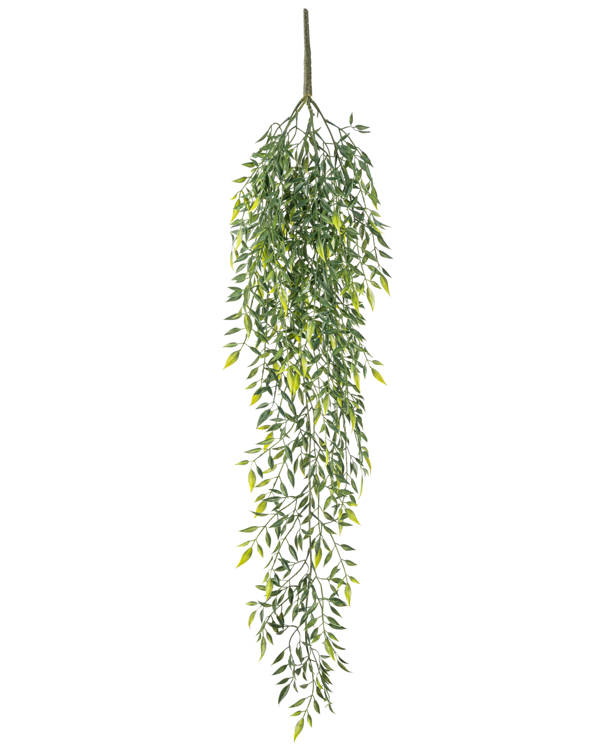 La Plante Artificielle Suspendue Bambou 90 cm est un arbuste artificiel en bambou suspendu doté de nombreuses petites feuilles sur de fines branches, sur un fond uni blanc.