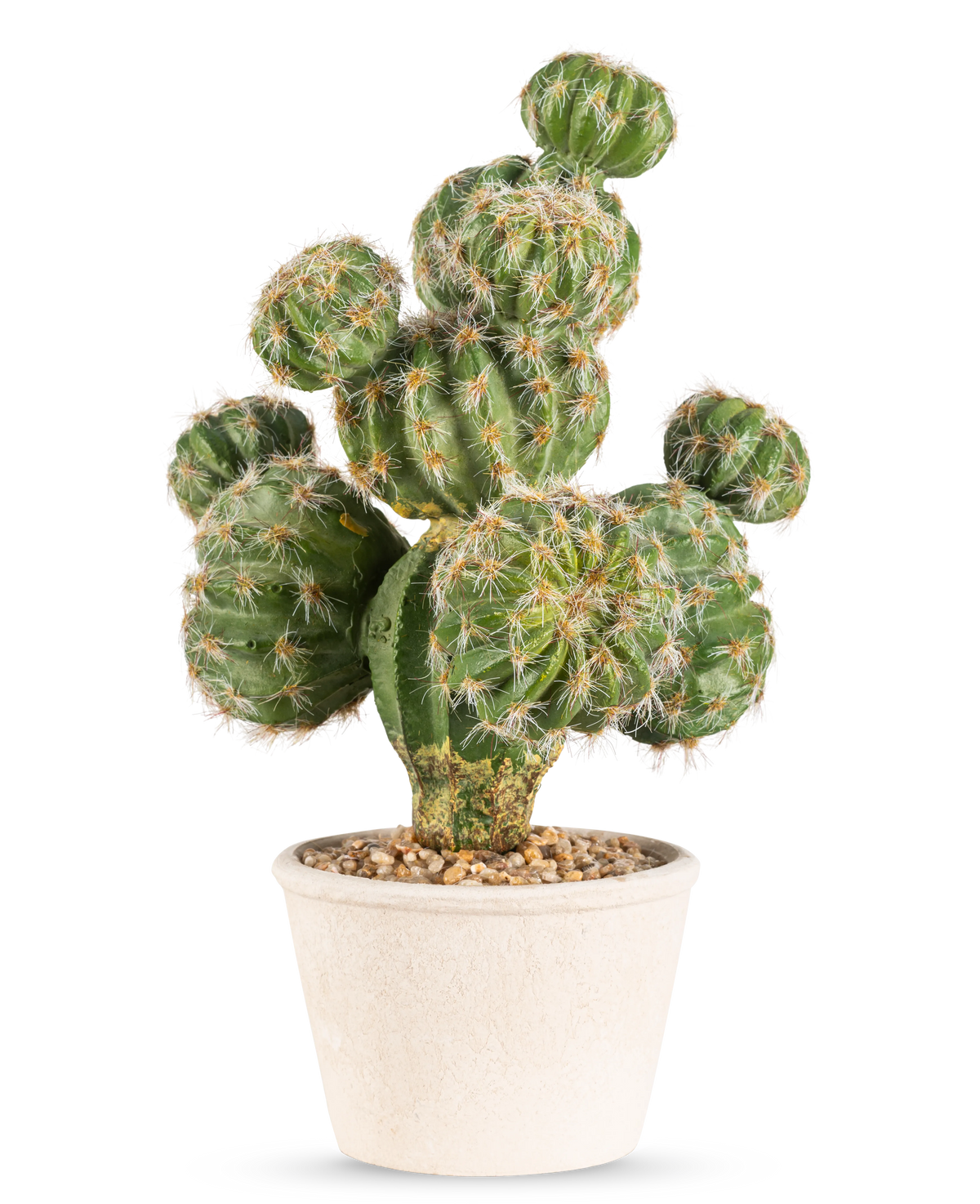 Le Cactus Artificiel 32 cm présente un cactus rond vert avec des épines dans un pot en céramique blanche rempli de petites pierres sur un fond gris clair.