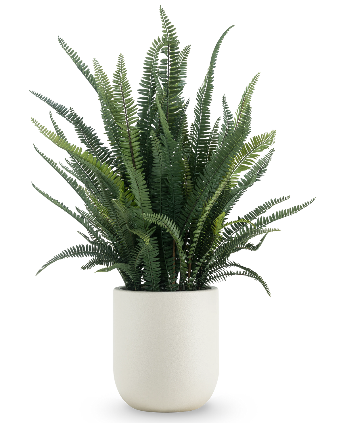 La plante artificielle Feuille de fougère de 102 cm contient une fougère verte luxuriante et est présentée dans un simple pot rond blanc, sur un fond blanc uni.