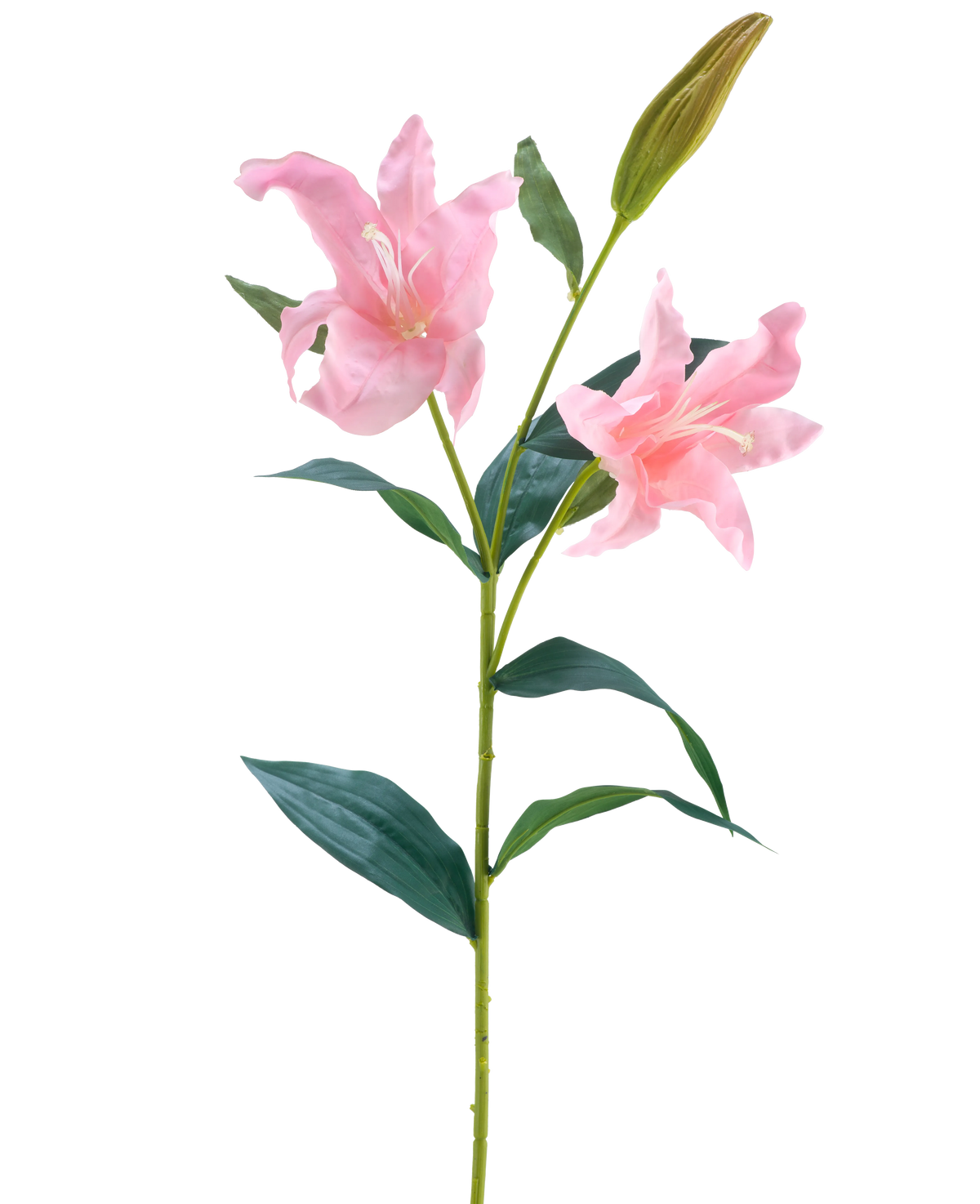 La Fleur Artificielle Lys Real Touch rose 95 cm possède une seule tige verte avec deux lys roses en fleurs et un bourgeon fermé, entouré de longues feuilles vertes pointues, sur un fond blanc.
