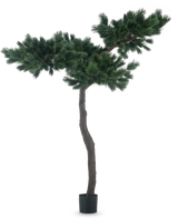 La plante artificielle Pinus 210 cm est un grand pin artificiel avec un tronc élancé et courbé et deux larges branches touffues avec des aiguilles vertes denses, représentées sur un fond blanc uni.