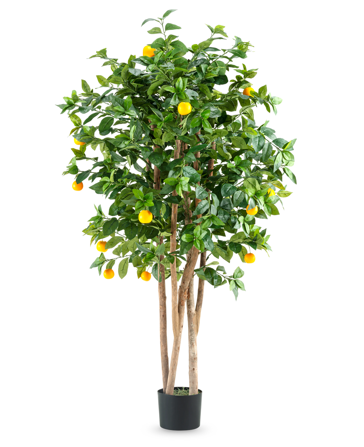 Un grand oranger artificiel appelé "Oranger artificiel 150 cm" avec plusieurs troncs bruns, des feuilles vertes vibrantes et plusieurs fruits orange vif dans un simple pot noir sur un fond blanc uni.