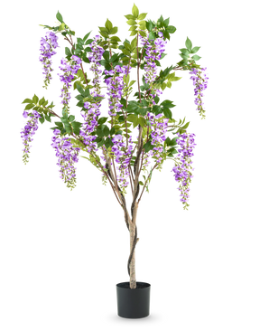 La Plante Glycine Artificielle 150 cm est une glycine artificielle en pot avec des feuilles vertes et des fleurs violettes, sur un fond uni blanc.