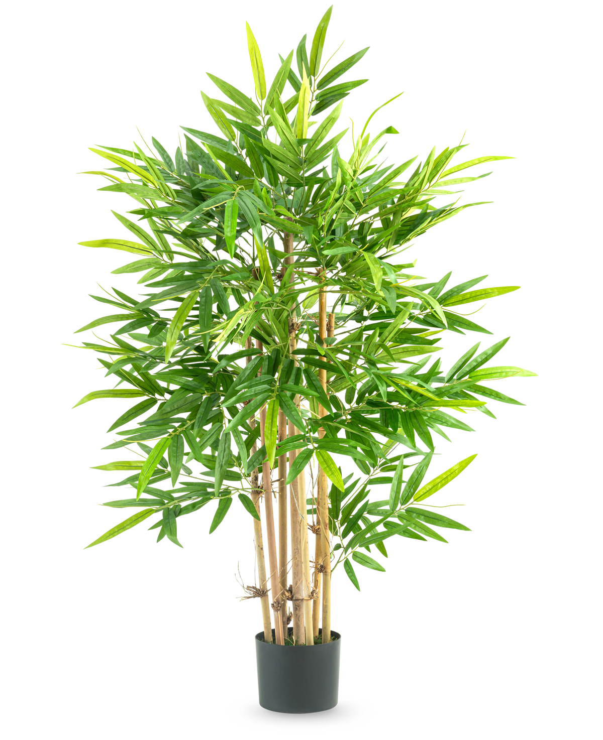 La Plante Artificielle Bambou 120 cm est un grand bambou en pot avec plusieurs fines tiges jaunâtres et de nombreuses feuilles vertes longues et étroites, sur un fond blanc uni.