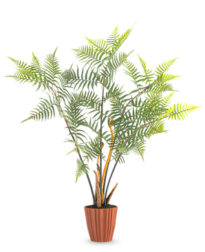 La Fougère Artificielle Deluxe 117 cm est une grande fougère artificielle avec de multiples feuilles vertes et des tiges minces, qui se dresse dans un pot marron nervuré sur un fond blanc uni.