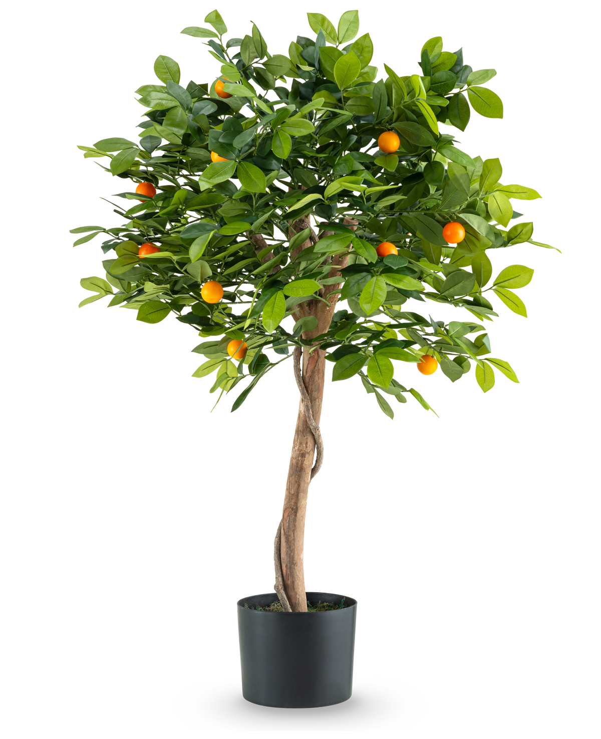 La Plante Artificielle Oranger 90 cm est un oranger en pot avec un tronc torsadé, des feuilles vertes luxuriantes et des petits fruits orange sur un fond blanc uni.