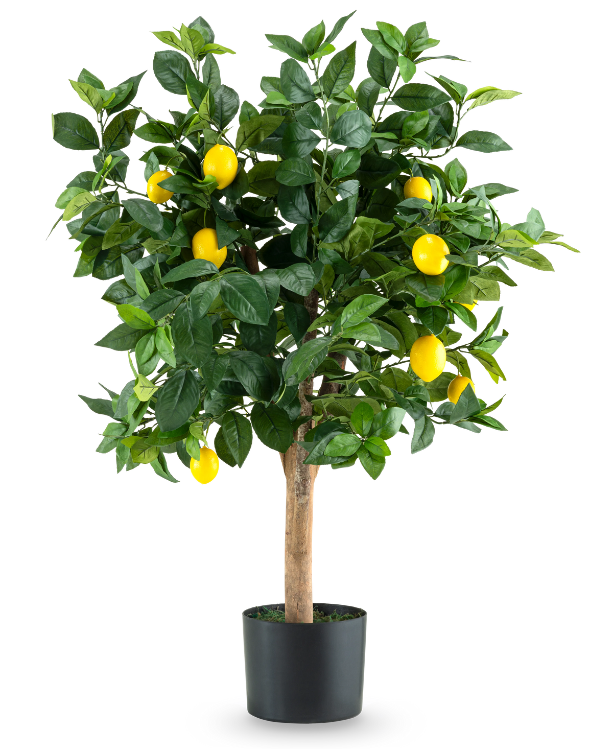 Le Citronnier Artificiel 90 cm est un citronnier artificiel dans un pot avec des feuilles vertes et des citrons jaune vif, représenté sur un fond blanc uni.