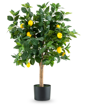 Le Citronnier Artificiel 90 cm est un citronnier artificiel dans un pot avec des feuilles vertes et des citrons jaune vif, représenté sur un fond blanc uni.