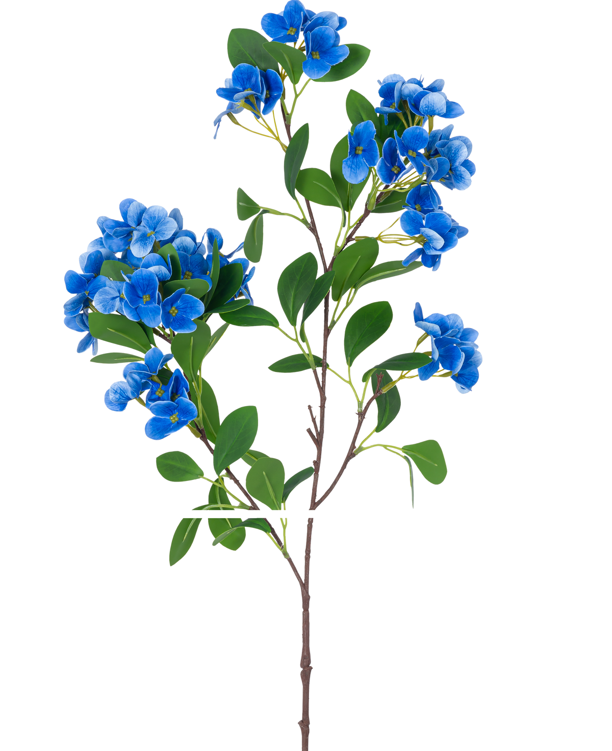 La Fleur Artificielle Boule de Neige Real Touch Bleu 80 cm a une seule tige avec plusieurs grappes de fleurs bleues vibrantes et de feuilles vertes luxuriantes, sur un fond blanc uni.