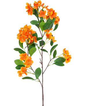 La fleur artificielle boule de neige Real Touch Orange 80 cm présente des grappes de fleurs orange vif et des feuilles vertes sur de fines tiges brunes, sur un fond blanc uni.