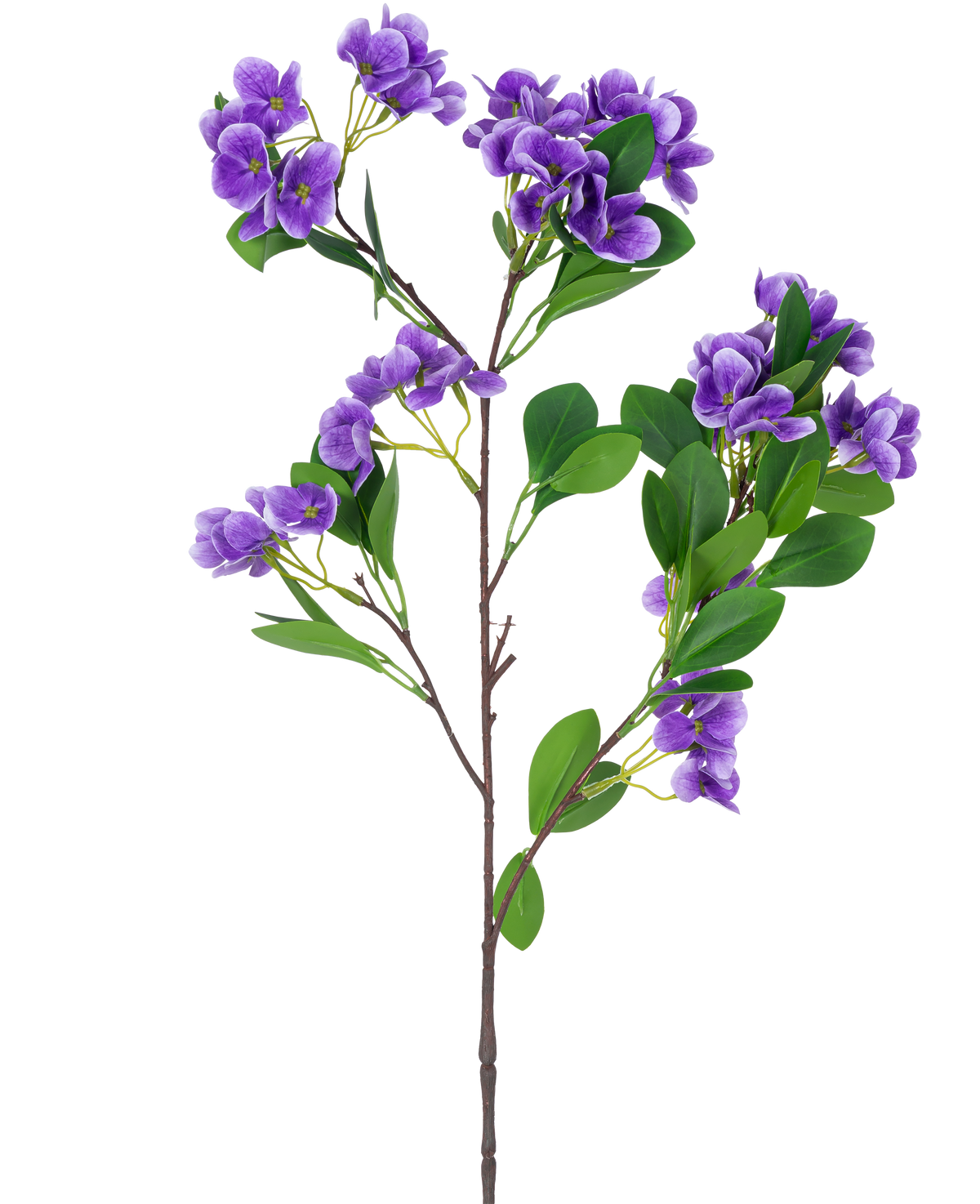 La Fleur Artificielle Boule de Neige Real Touch Lilas 80 cm possède une seule branche artificielle avec des bouquets de fleurs lilas vibrantes et des feuilles vertes sur plusieurs tiges, sur un fond blanc uni.