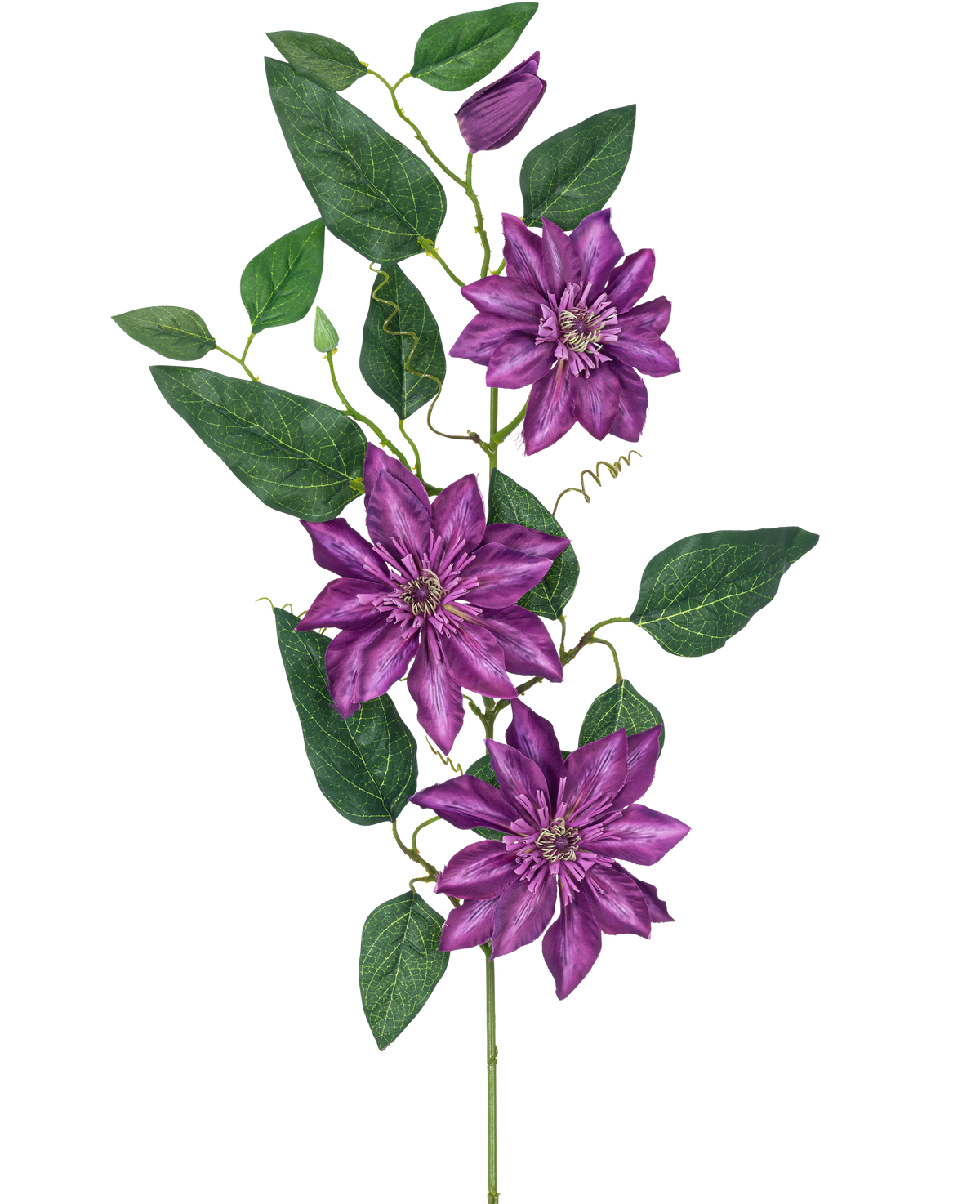 La fleur artificielle Clématite grande 81 cm violette a trois grandes fleurs violettes, des feuilles vertes, des vrilles bouclées et un bourgeon fermé sur une seule tige sur un fond blanc.