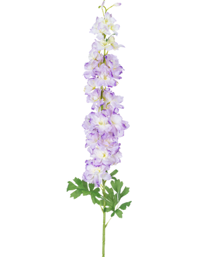La fleur artificielle Delphinium 105 cm violet a une seule longue tige de fleurs artificielles violet clair avec des feuilles vertes, représentées sur un fond blanc uni.
