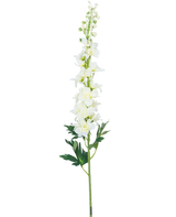 La Fleur Artificielle Delphinium 79 cm blanche possède une longue tige de delphinium blanc avec de multiples fleurs et feuilles vertes, isolées sur un fond blanc.