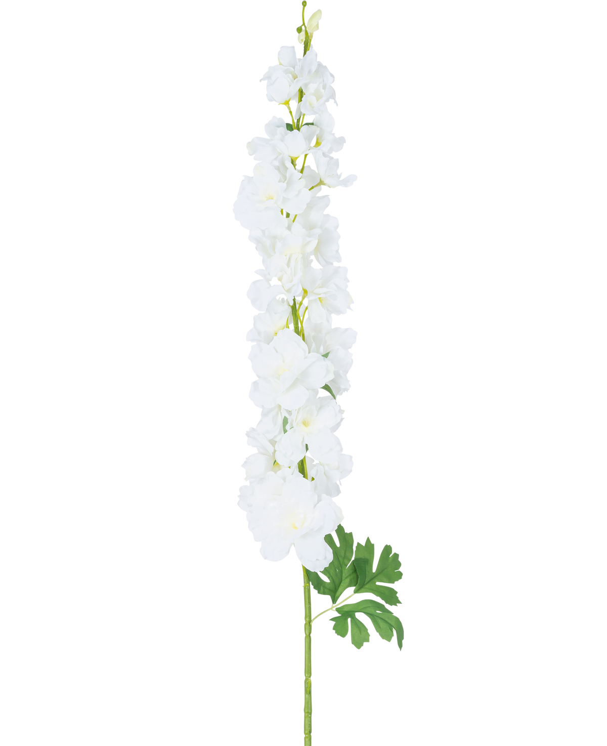 Fleur artificielle Delphinium 105 cm blanche : une seule longue tige avec de multiples fleurs blanches et feuilles vertes, présentées sur un fond blanc uni.