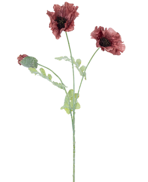Illustration à l'aquarelle de la fleur de pavot artificielle de 73 cm mauve, avec trois fleurs rouge foncé aux tiges et feuilles vertes, sur un fond blanc uni.