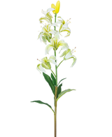 La Fleur Artificielle Lys Martagon 78 cm blanc a une longue tige avec plusieurs fleurs et bourgeons de lys blancs, un cœur jaune et des feuilles vertes, isolées sur un fond blanc.