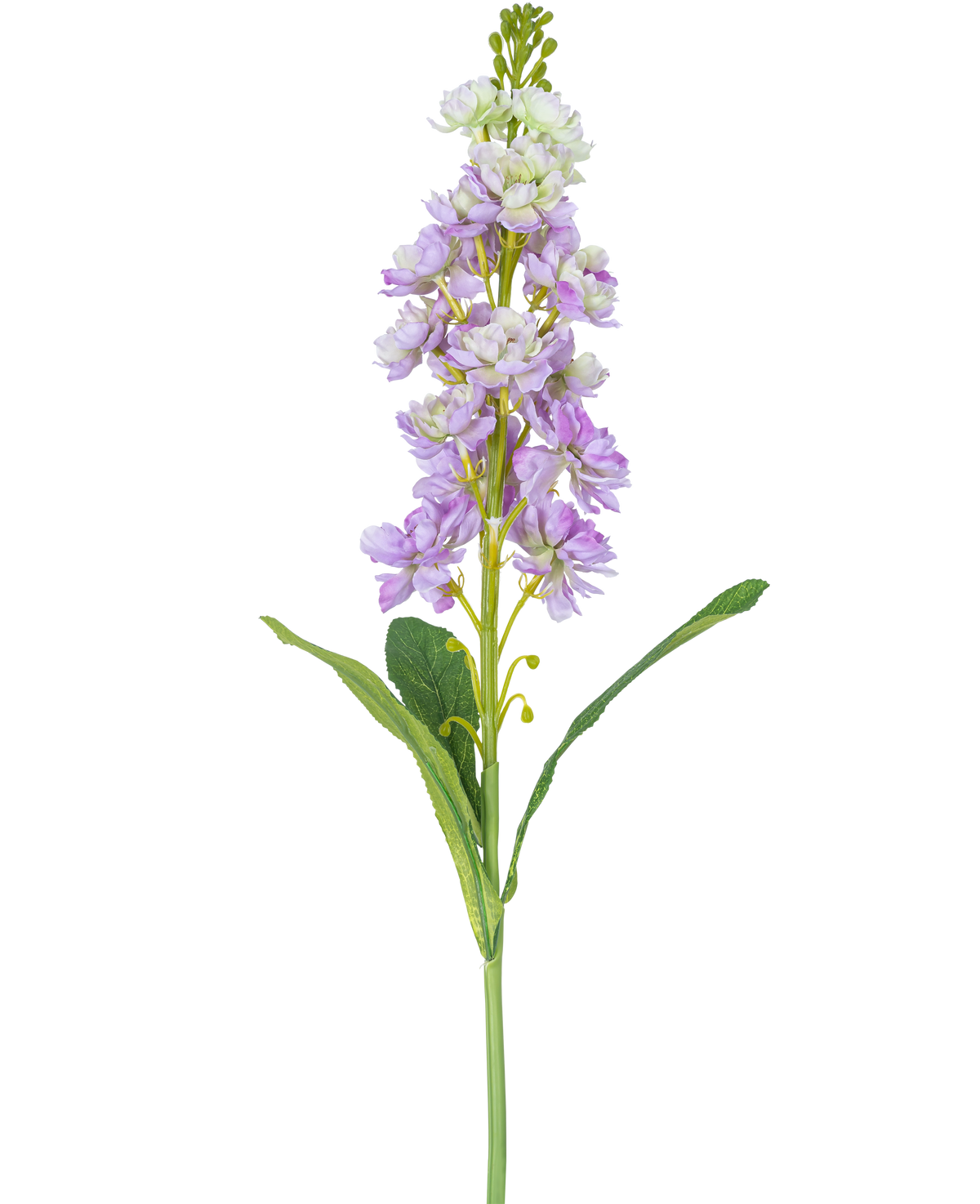 Une seule fleur de Violier artificielle de 78 cm de couleur violet clair et blanche avec des feuilles vertes, sur fond blanc.