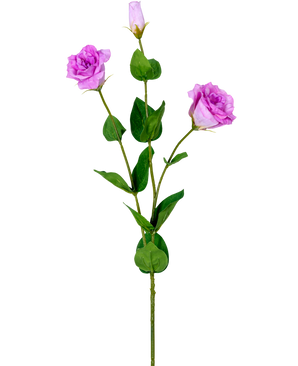 L'Eustoma artificielle Real Touch Rose 72 cm a une seule tige verte avec trois roses artificielles violet clair à différents stades de floraison et différentes feuilles vertes, représentées sur un fond blanc.