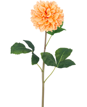 La Fleur Artificielle Dahlia Real Touch Peach 73 cm présente un seul dahlia pêche-orange avec de nombreux pétales sur une longue tige verte et plusieurs grandes feuilles vertes texturées, sur un fond blanc uni.