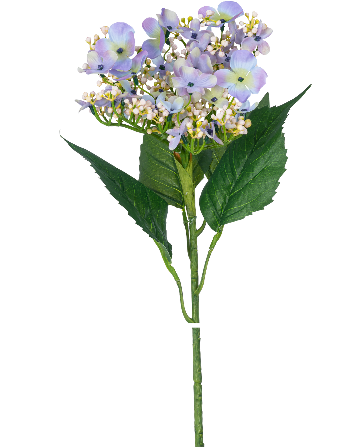 La fleur artificielle hortensia papillon 72 cm lilas clair est une tige artificielle unique avec des fleurs d'hortensia violet clair, des feuilles vertes et de petits bourgeons blancs, parfaite pour décorer n'importe quelle pièce.