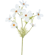 La fleur artificielle Cosmos 74 cm blanc possède plusieurs fleurs blanches délicates avec un cœur jaune et orange et des feuilles vertes plumeuses - idéales comme fleurs en soie pour une élégance durable.