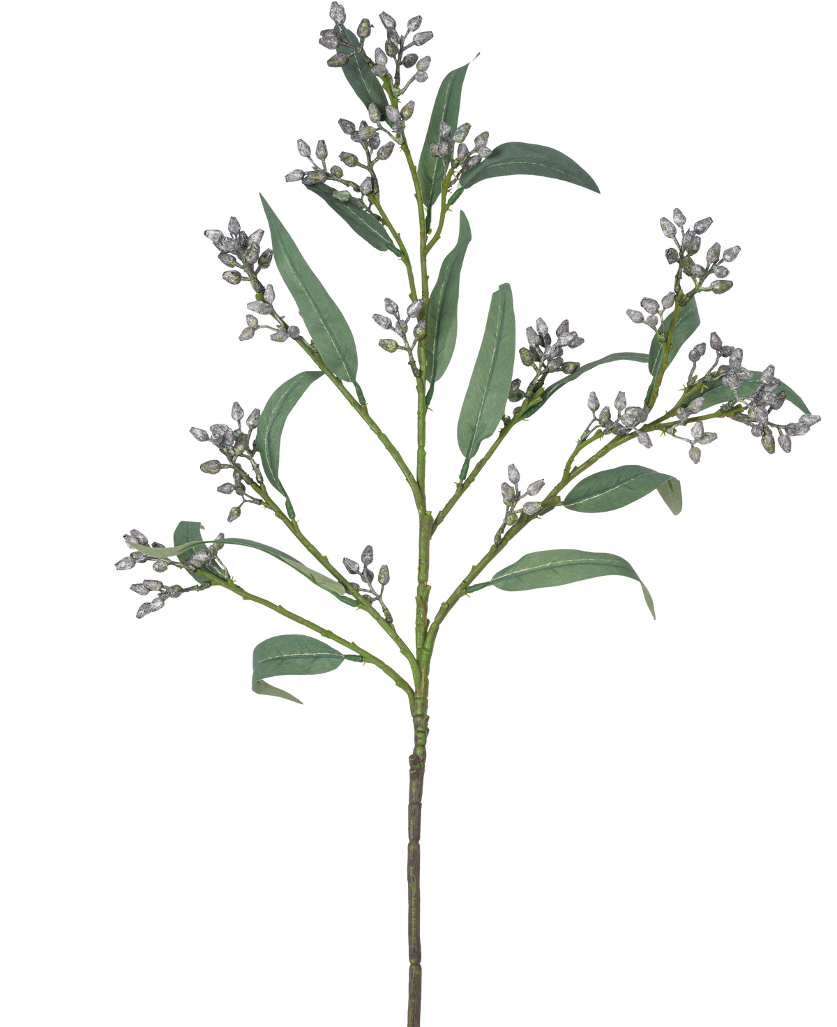 La Branche Artificielle Baie d'Eucalyptus 78 cm gris a une seule branche verte avec des feuilles longues et étroites et des grappes de petits bourgeons grisâtres, représentés sur un fond blanc.